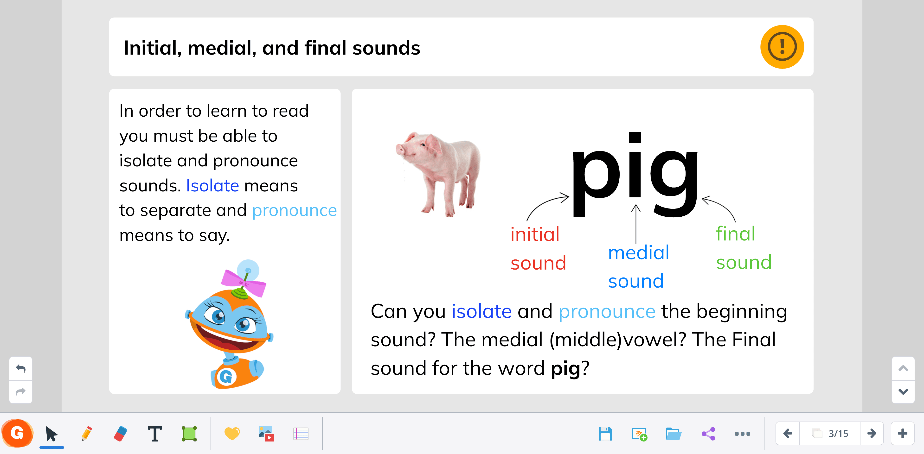 Example of a phonics lesson about pronouncing sounds in single-syllable words