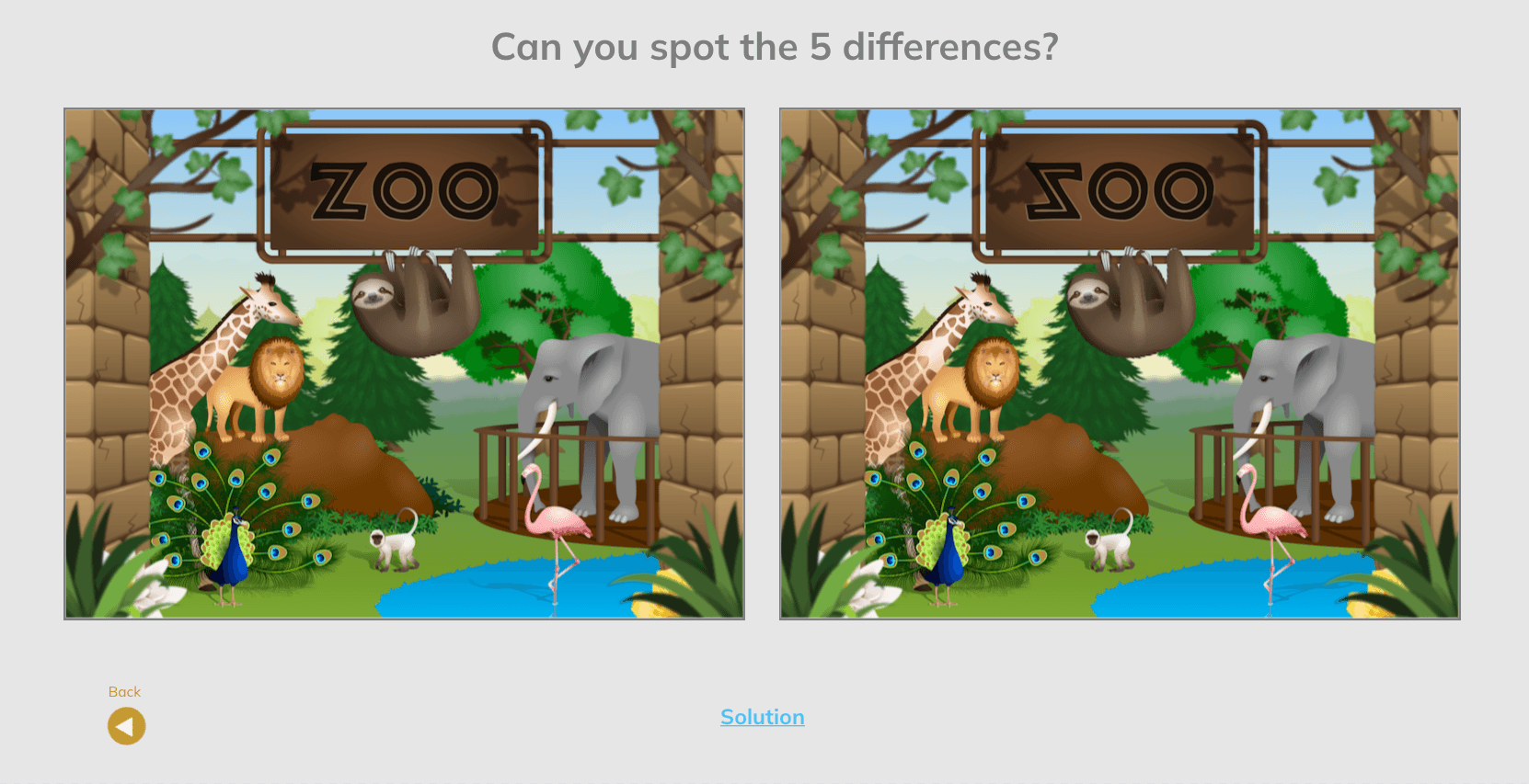 Playing a spot-the-difference game with kindergarten students, with a zoo theme.