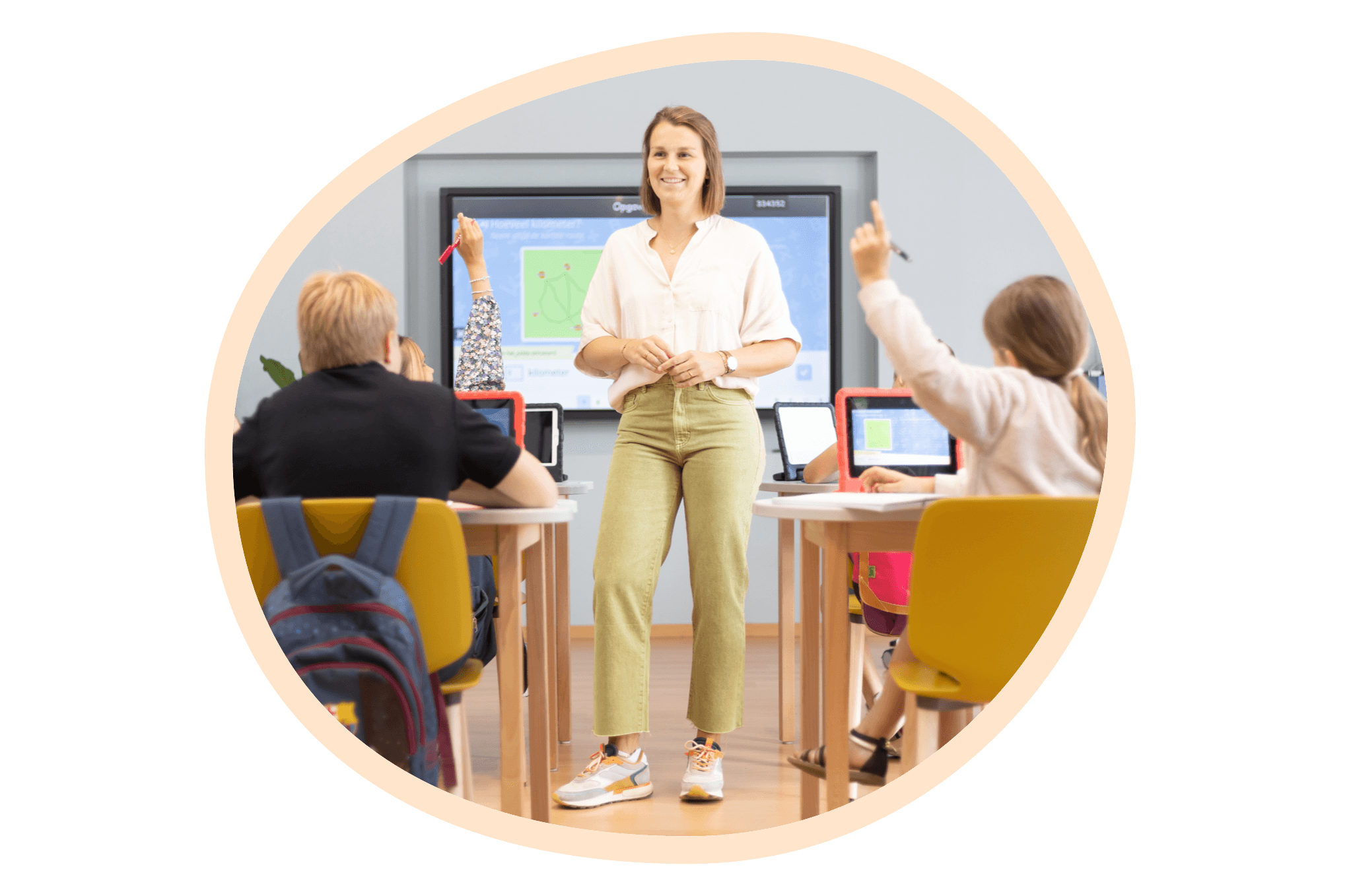 pebble with teacher stand in front of class